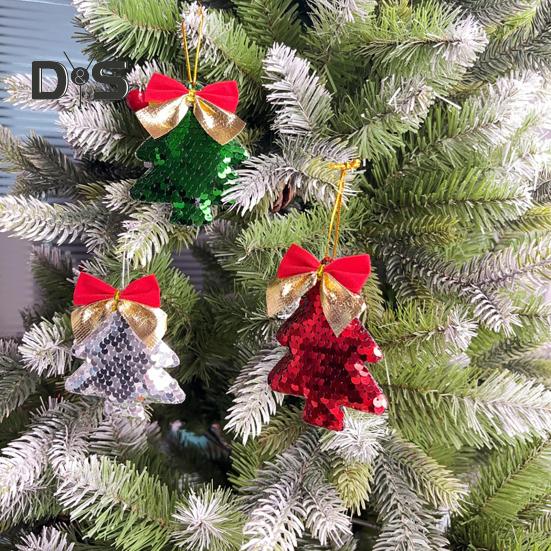 6Pcs Christmas Tree Ornaments Tree Shape Sequin Pendant with Bow for Christmas Trees Walls Doors Parties Wedding Decor