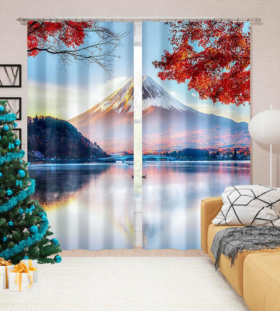 Custom Japanese Landscape Curtains Mount Fuji Red Maple Tree Theme Japanese Restaurant Window Semi-blackout Curtains 2Panels