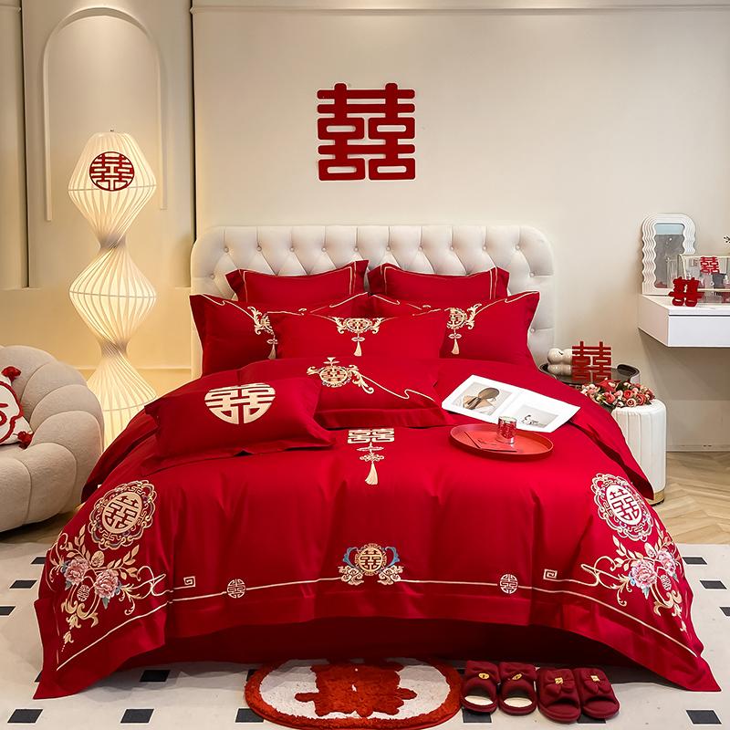 Skin Friendly Cotton Brushed Wedding Embroidery 4-piece Set, Big Red Wedding Bed 4-piece Set, Modern Style Wedding 4-piece Set