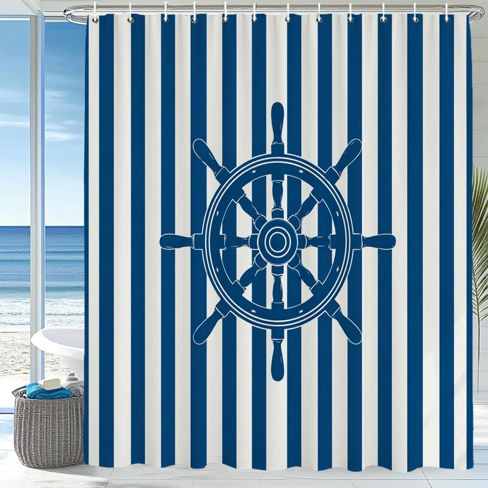 Modern Blue Stripes Sailing Style Shower Curtain, Bathroom Decorative Shower Curtain, Printed Fabric Shower Curtain With Hooks