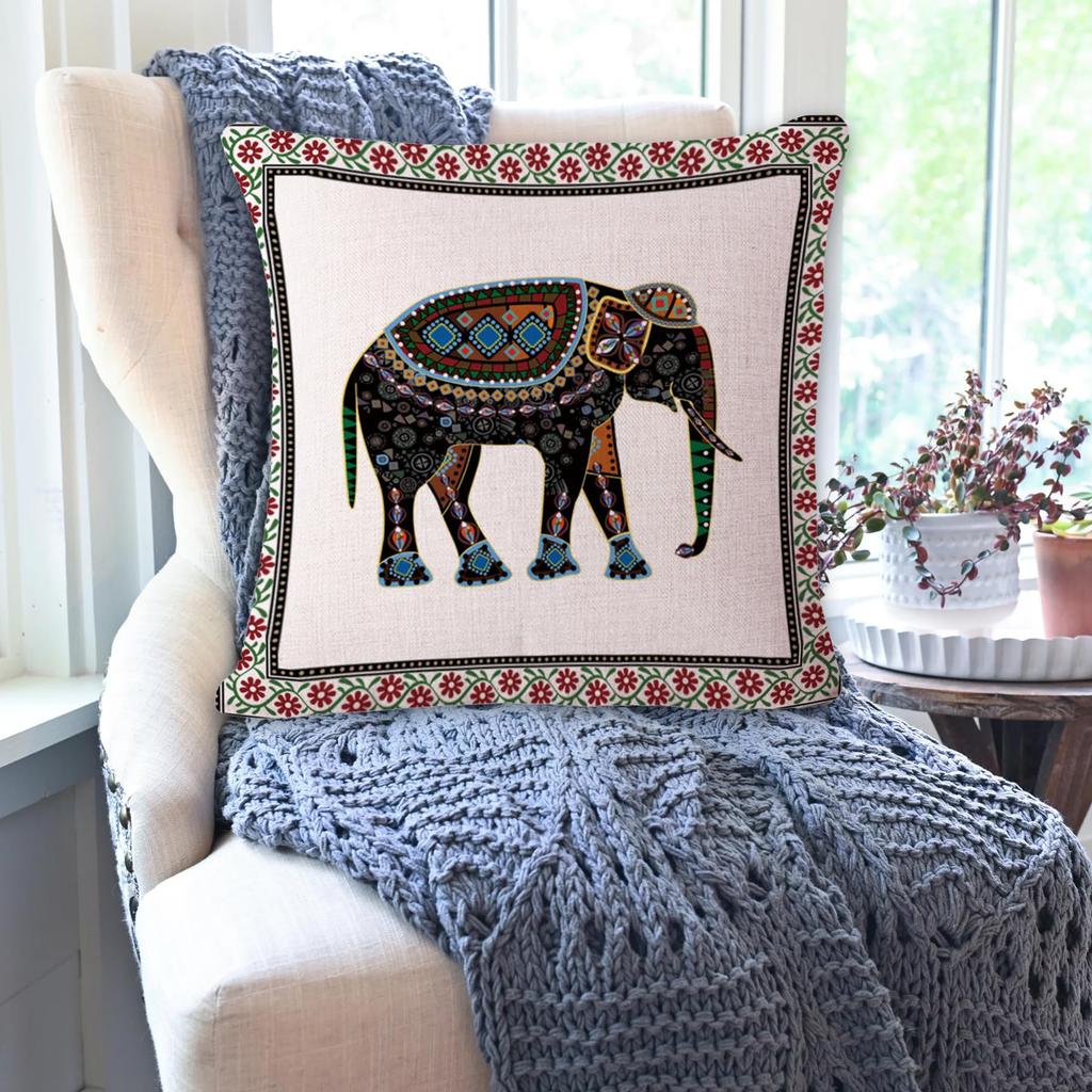 Indian Ethnic Elephant Pillow Cover Tribal Geometric Print Boho Elephant Cushion Case For Sofa Bed Couch Bohemian Home Decor