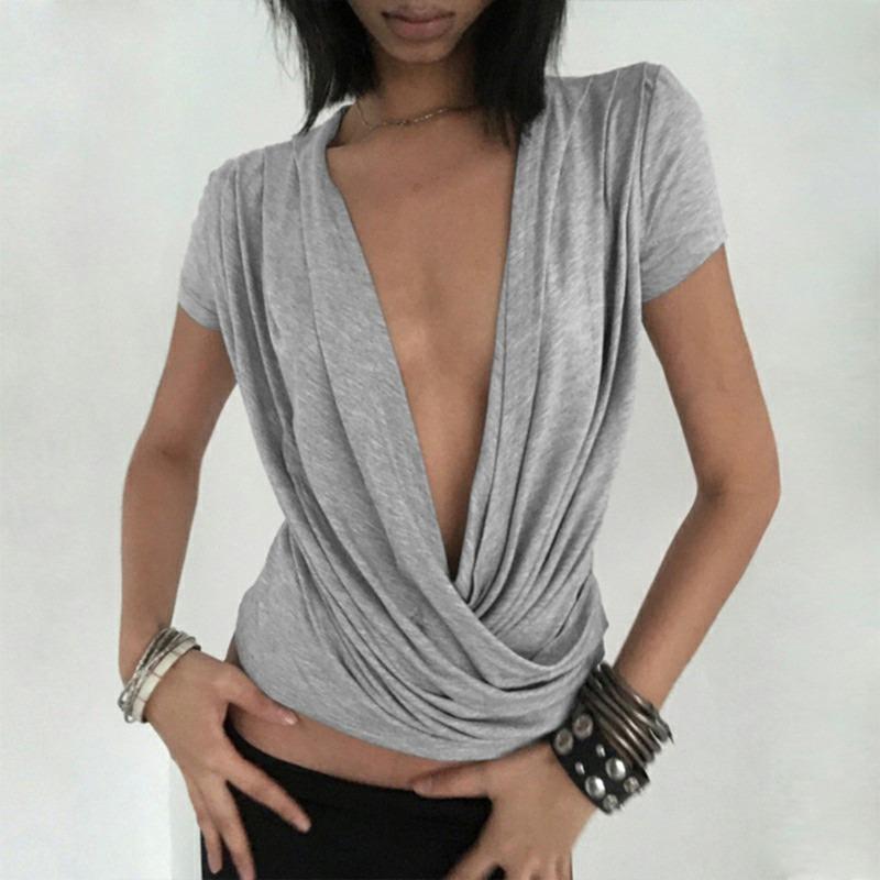 Sexy Deep V Neck Pleated Solid Short Sleeve T Shirt For Women