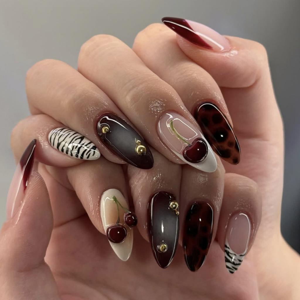 Hot-selling Black and White Zebra Pattern Wearing Nail 3D Three-dimensional Cherry Manicure Nail Piece French Red Fake Nail