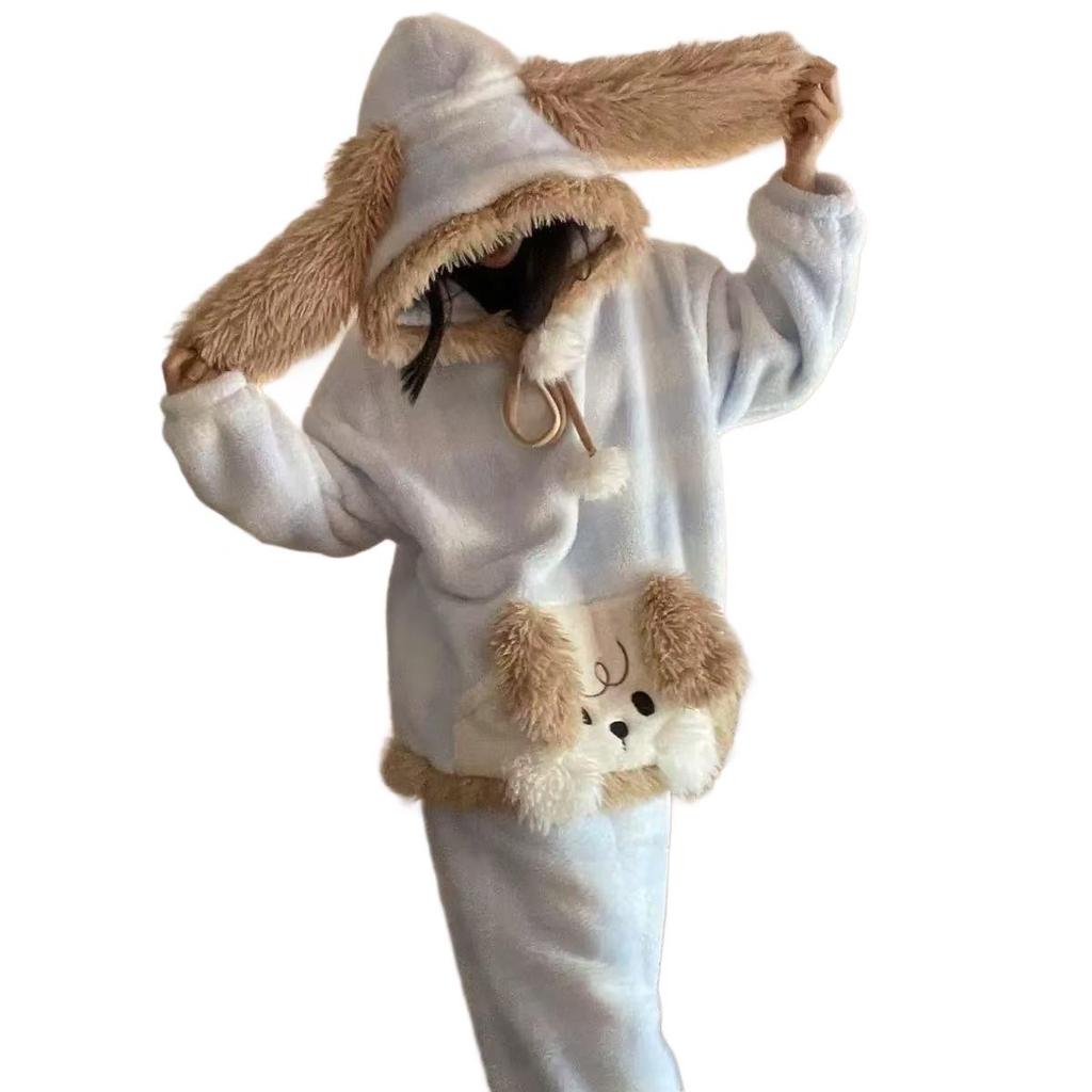 Damen Cartoon Welpen Fleece Schlafanzug Set - Warmer Kapuzen-Einteiler für den Winter