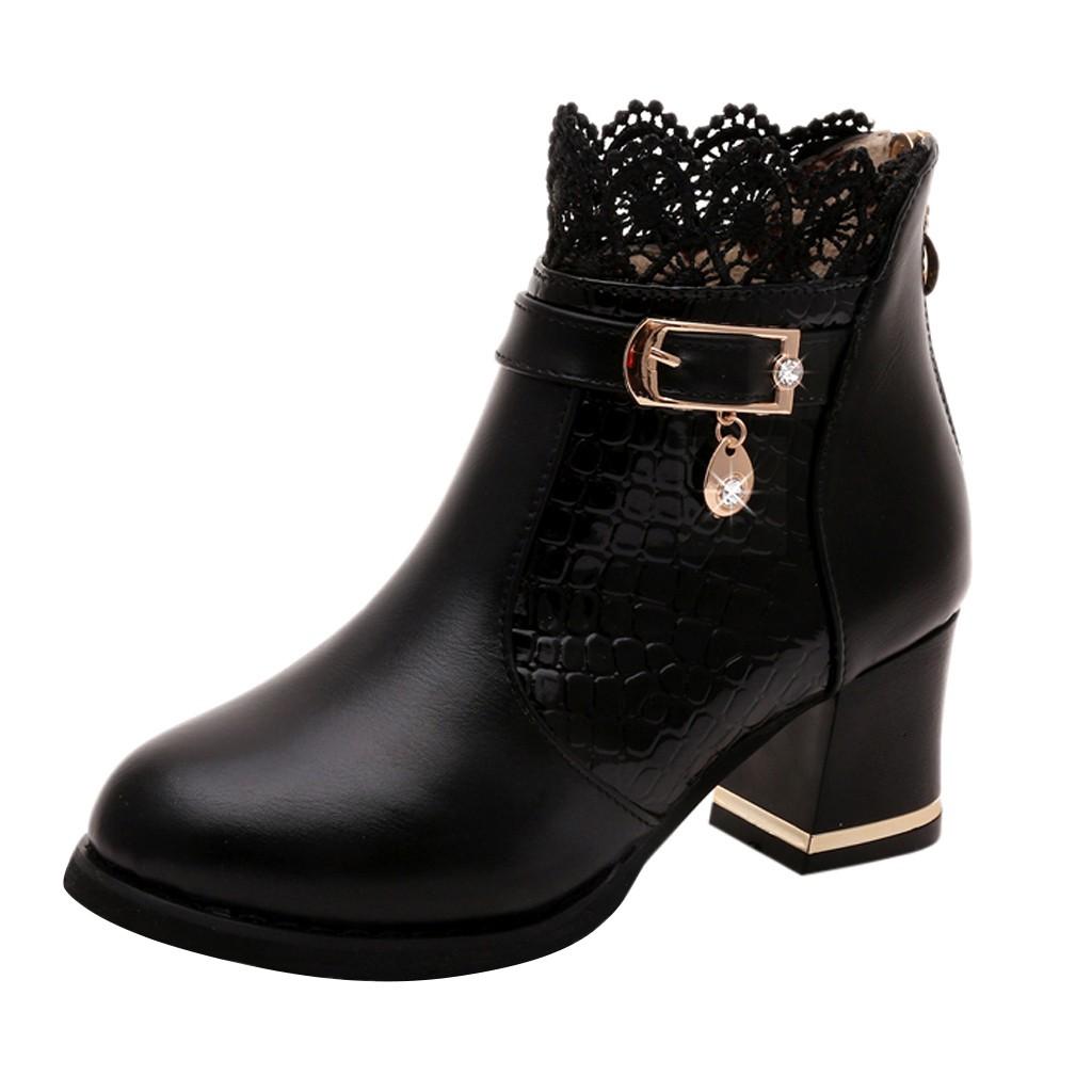 Women's Ladies Boots Fall Winter Vintage Leather Lace Short Shoes Women Fashion Lace Trim Mid Heeled Boot