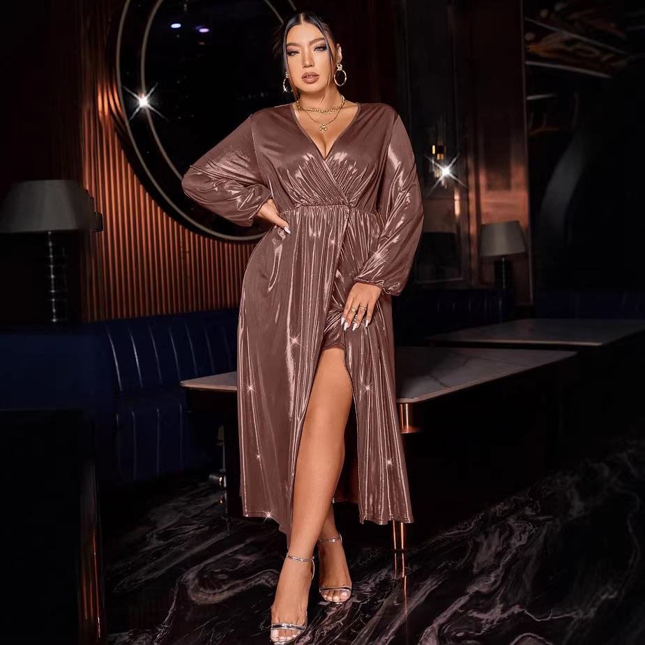 Elegant Plus Size Deep V-Neck Long Sleeve Slit Dress XXL коричневый