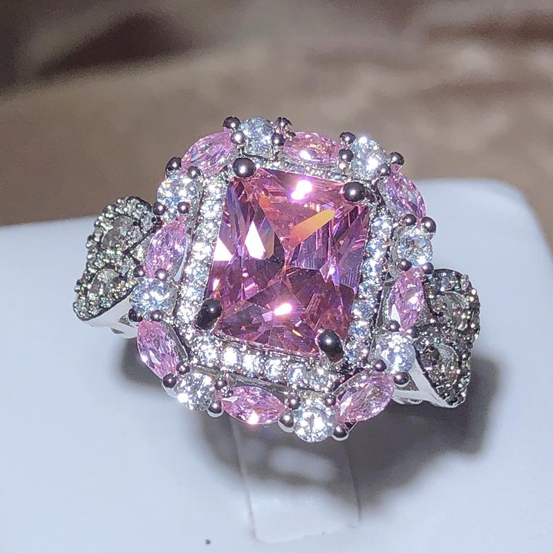 Sparkling Pink Zircon Collection Square Ring Female  Stamp New Fashion Jewelry Party Birthday Gift