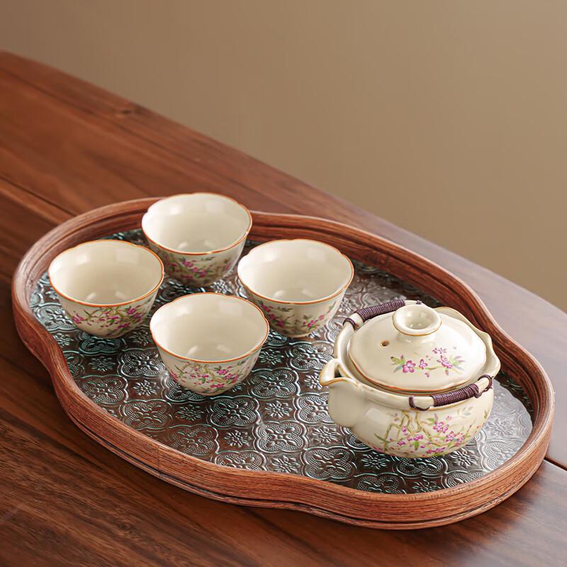 Lainuo Ru Kiln Peach Branch 5-Piece Tea Set with Retro Tray