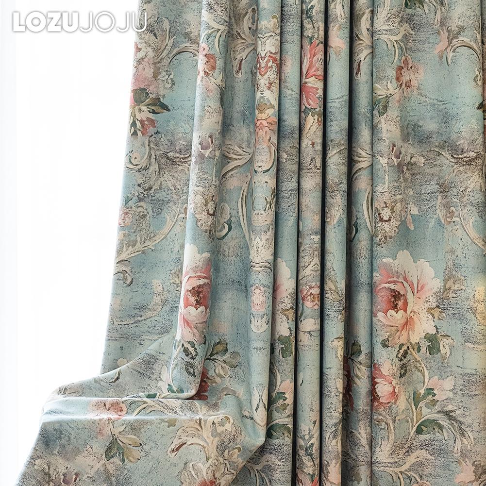 1PC LOZUJOJU French Idyllic Style Blackout Curtains Blue Bottom Peony Print Curtains Thick Curtains for Bedroom Living Room Window for Home Decor