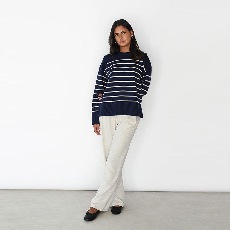 Europe, America, Autumn and Winter New Products, Split Hem Striped Knitted Sweater Top, Round Neck Loose Sweater Women's Clothing