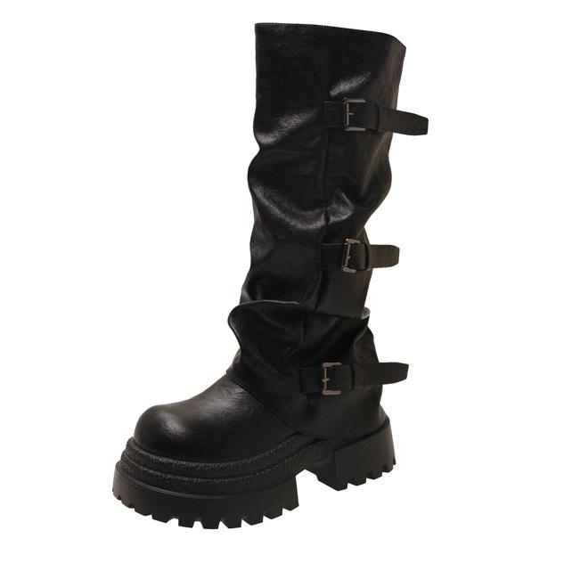 Yueyu Belt Buckle Pleated Thick-soled Medium Boots Women's 2025 Autumn and Winter New Trousers Western Boots Ins Tide Boots