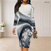 Women Plus Size Round Neck Long Sleeve Printed Green Black Bodycon Midi Dress
