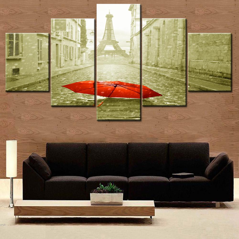 5 Pieces Canvas Wall Arts Vintage Paris Street With Eiffel Tower Canvas Art In Bedroom Home Decor Pictuer Printing Interior Arts