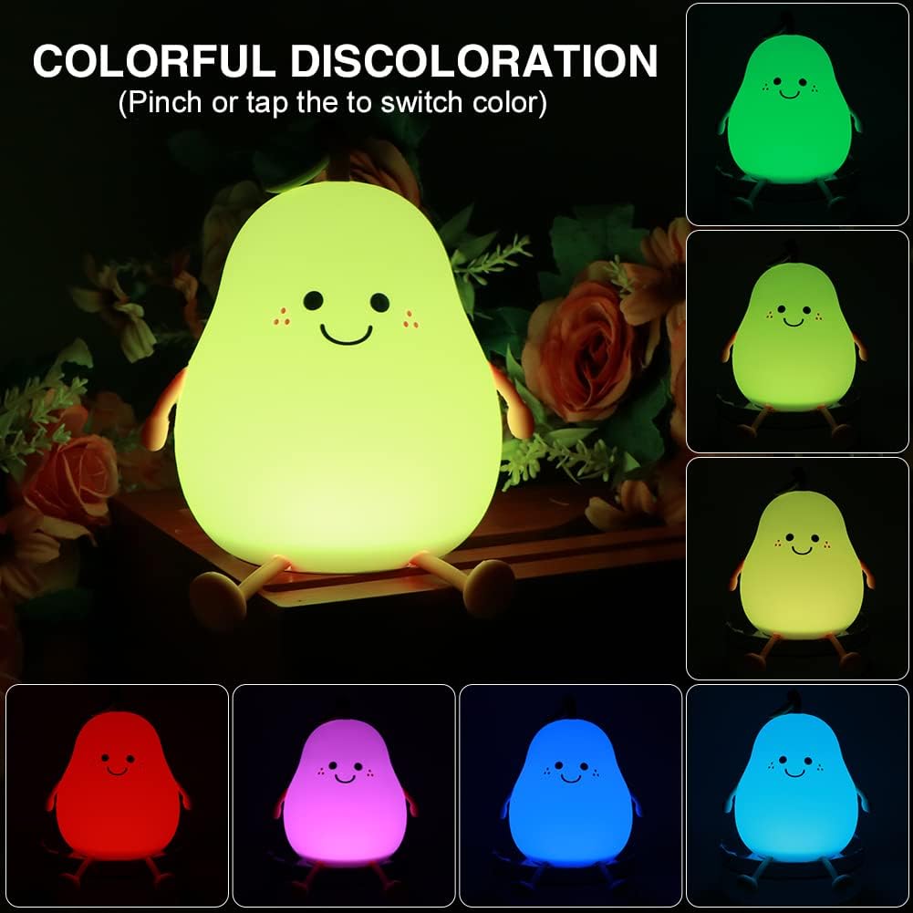 Cute Pear Night Light for Kids USB Rechargeable Nursery Lamp Eye Caring Night Light Multicolor Night Lamp Gift