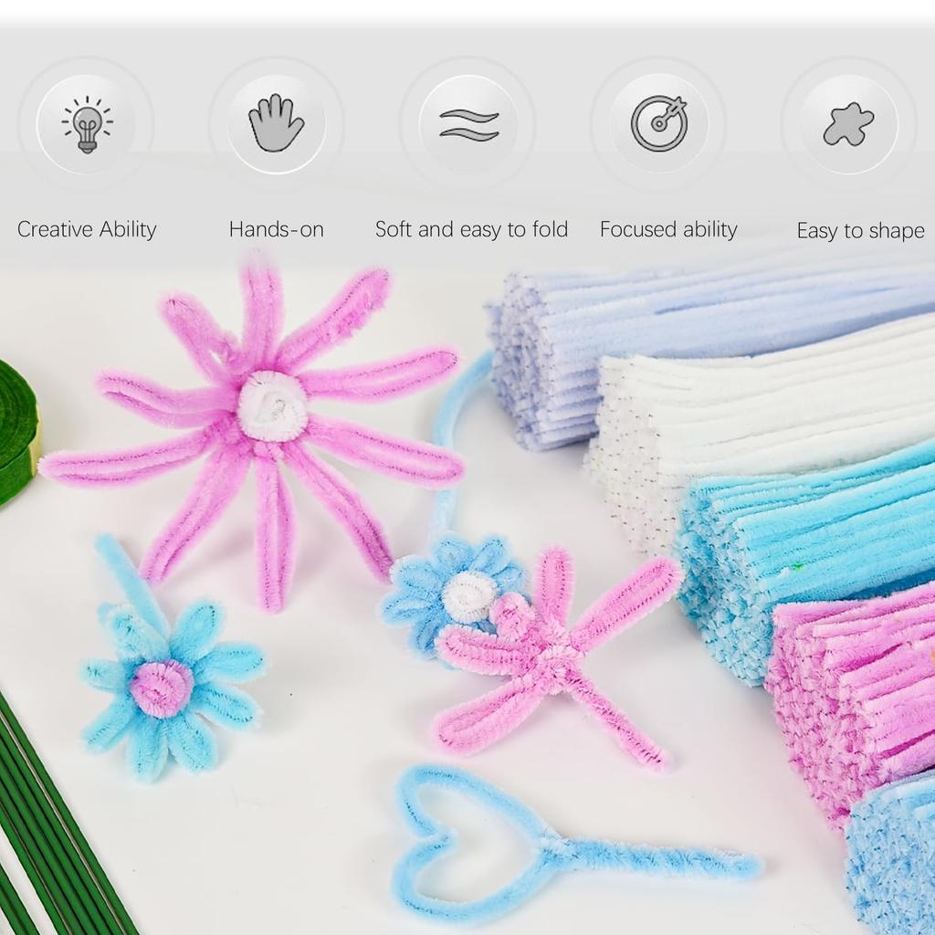 Pipe Cleaners Flowers Craft Kit, 521Pcs Pastel Pipe Cleaners DIY Chenille Stems Make flower stems kit with Flower Stems and Tape