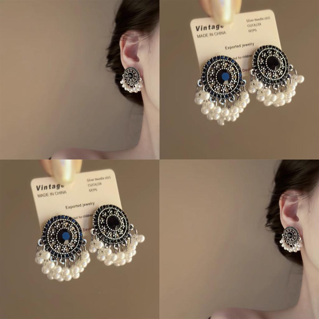 Silver Needle Retro Geometric Tassel Pearl Earrings Bohemian Fashion Earrings Niche Design Earrings