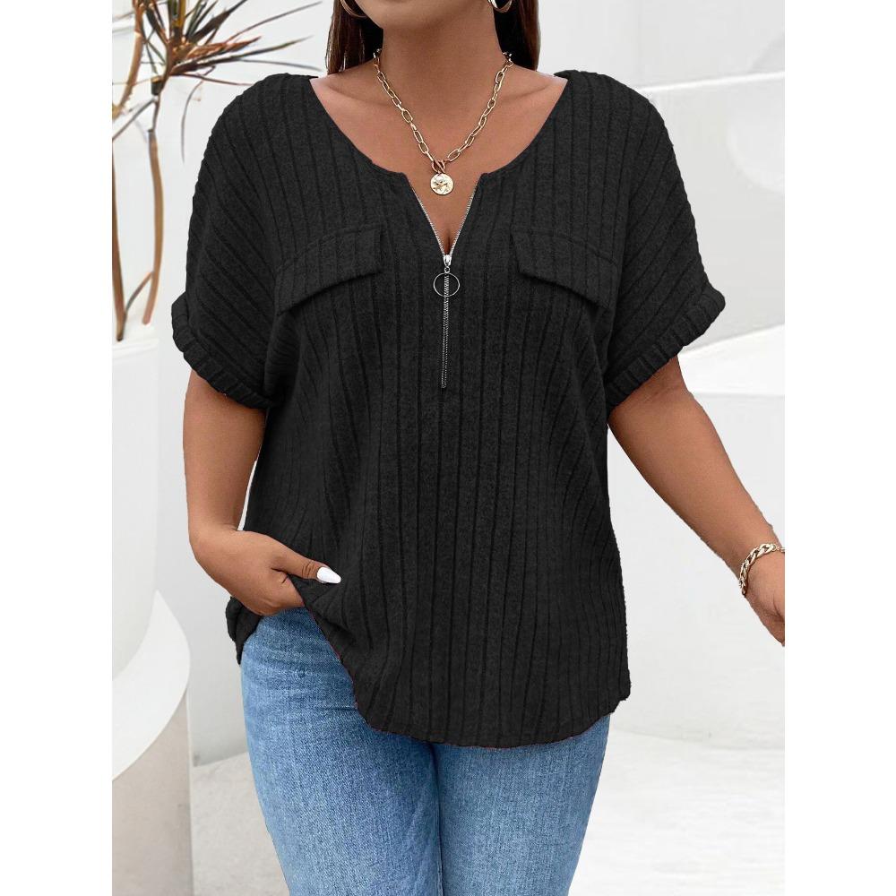 BITCED Women's Fashion Casual Solid Color Print Short Sleeve V Neck Blouses & Shirts