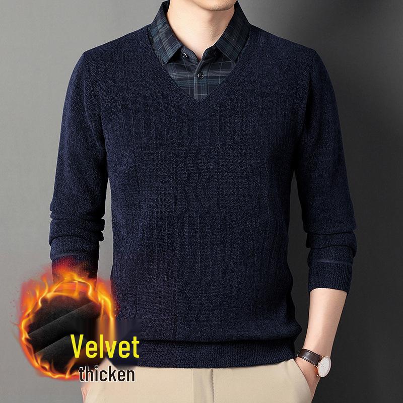 Men s Winter Plush Chenille Sweater with Plaid Lapel M