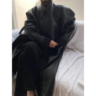Europäischer und amerikanischer Stil, Lammwollimitat, Nähte, PU-Leder, schöne Damenjacke, Trenchcoat, langer baumwollgefütterter Jackenmantel für Damen
