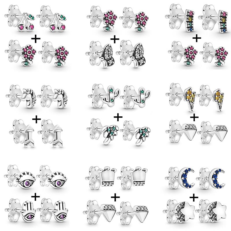 2 Paare/los Silber Überzogene Kristall Stern & Mond Blume Stud Ohrringe Für Frauen Frau Kubikzircon Weiblichen Ohrringe Bijoux Hochzeit geschenk