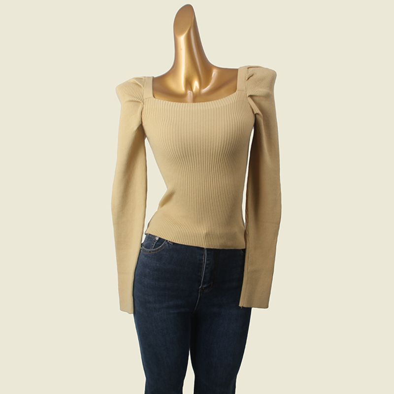 French Style Retro Puff Sleeve Square Collar Bottoming Shirt High Quality Six Wool Silm Long Sleeve Inner Wear Pure Color Bottoming Shirt