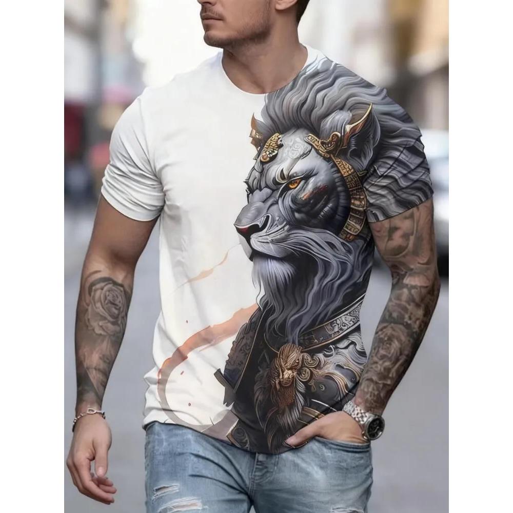 Men's Animal Domineering Lion Print Short Sleeved T-shirt Large Loose Casual Fashionable Comfortable Soft Breathable T-shirt