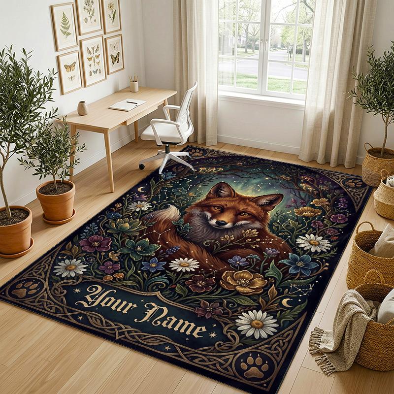 Forest Fox Theme Soft Crystal Velvet Rug Custom Name & Text Print Non Slip Floor Rug for Bedroom Living Room