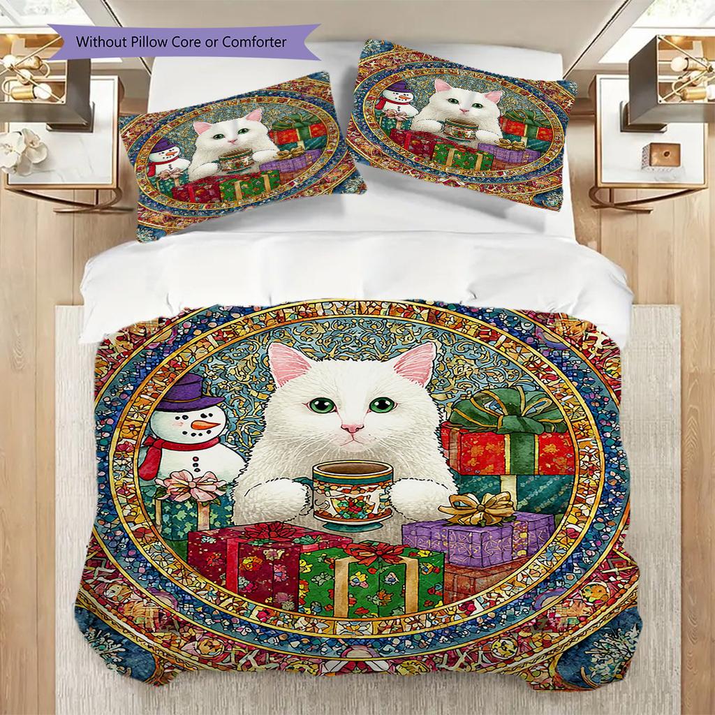Weißes Katzenmuster Bettwäsche Steppdecke Set Deckenbezug Kissenbezug Heimdekoration Geburtstagsgeschenk (1 Bettbezug + 2 Kissenbezüge, ohne Füllung)