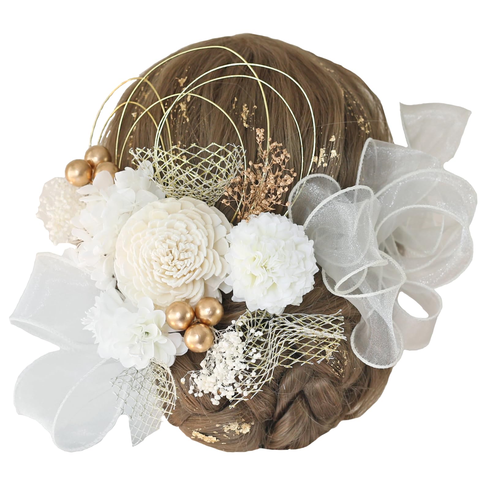 

Bud Flower Hair Natural Ribbon Dried Mizuhiki and Gold Perfect for and and Japanese Clothing Ornament, Tassel, Flowers, Leaf, Coming-of-Age белый