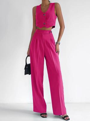 Ensemble d'été pour femmes en coton-lin, gilet à col en V et pantalon à jambes droites