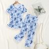 Women's Printed 2 Piece Pajama Set Short Sleeve Round Neck Top Long