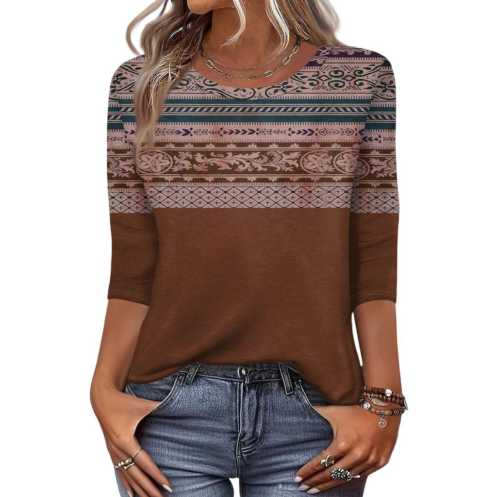 Mote Casual Rund Hals 3/4 Erme Løs Trykket T-skjorte Dame Topp