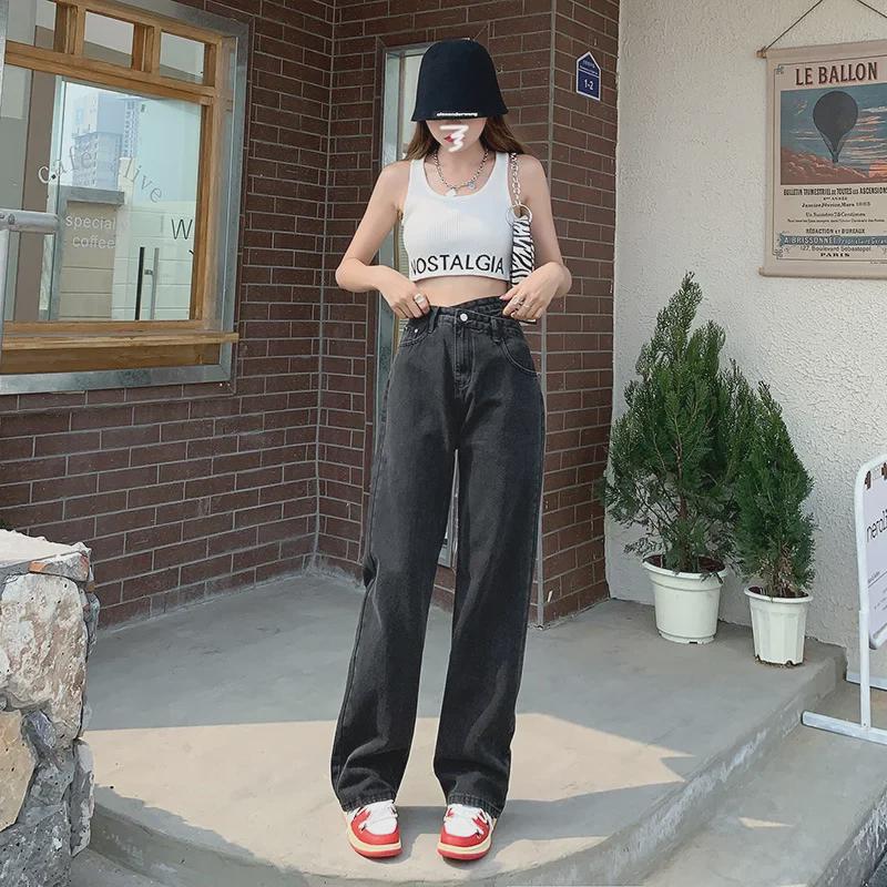 Women's Black & Gray Wide-Leg Jeans: Spring 2023 Loose High-Waist Straight Trendy Pants