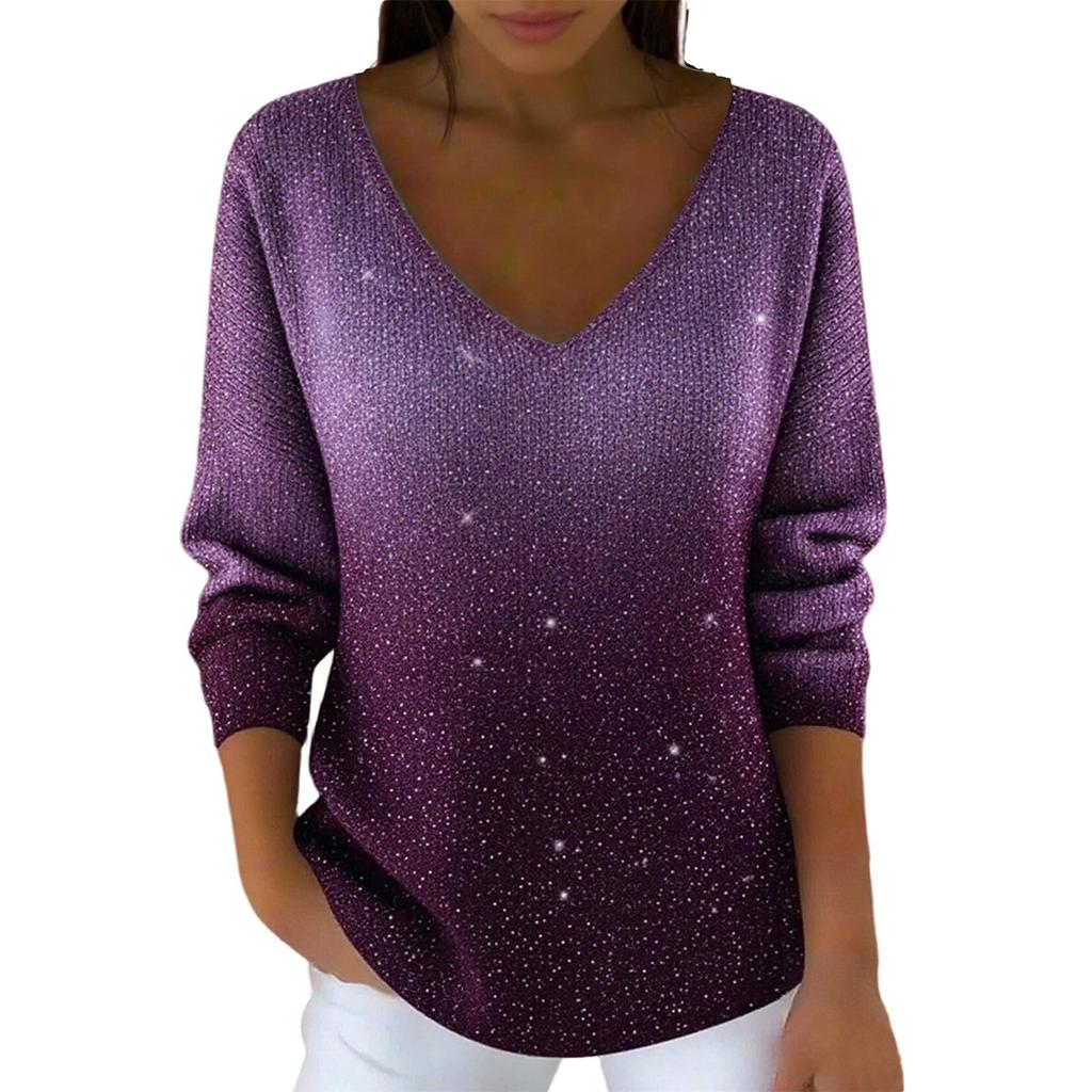 Women's Casual Daily Long-Sleeved V-Neck Faux Sweater Knitted Pullover Top With Sequins