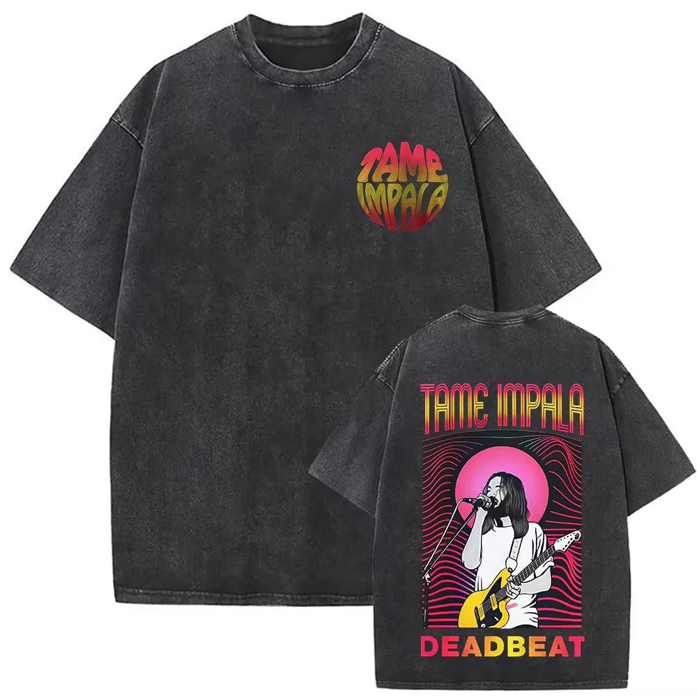 Tame Impala Tour Album Vintage Washed Tshirt Mens Hip Hop Gothic Tshirts Casual Oversized Short Sleeve T Shirt Streetwear