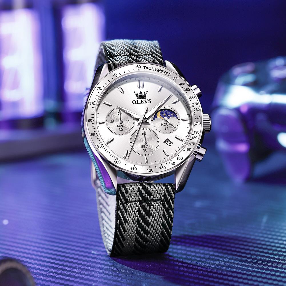 OLEVS New Luxury Man Watch Fashion Nylon Fabric Strap Original Quartz Watch for Men Moon Phase Chrono Multifunction Men's Watch