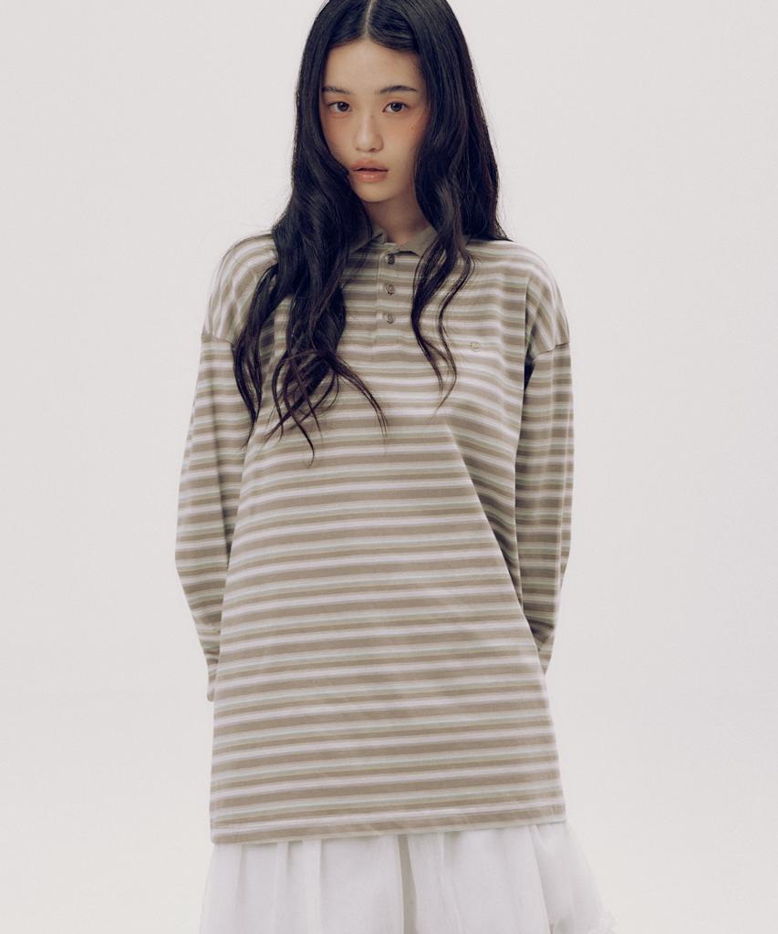 SOME PLACE Striped Multi-Stripe Oversized Long Sleeve Collared T-Shirt _2 Colors