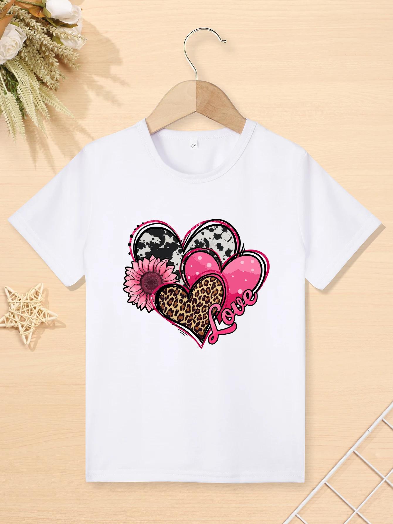 

Girls Leopard Heart Graphic Short Sleeve Tee Shirt Kids T-shirt 110
