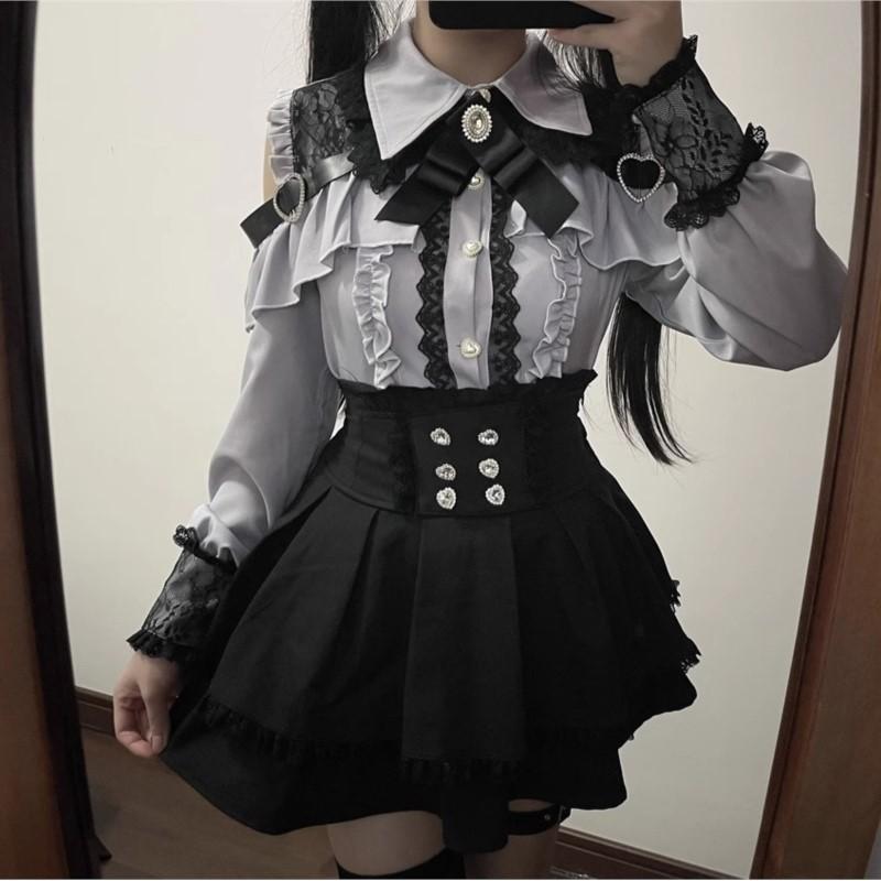 Jirai kei Outfit Lolita Dívčí Blůza Dámská Košile s Dlouhým Rukávem Kawii Mašle Černé Sukně Košile Y2K Sladký Japonský Dámský Styl Set