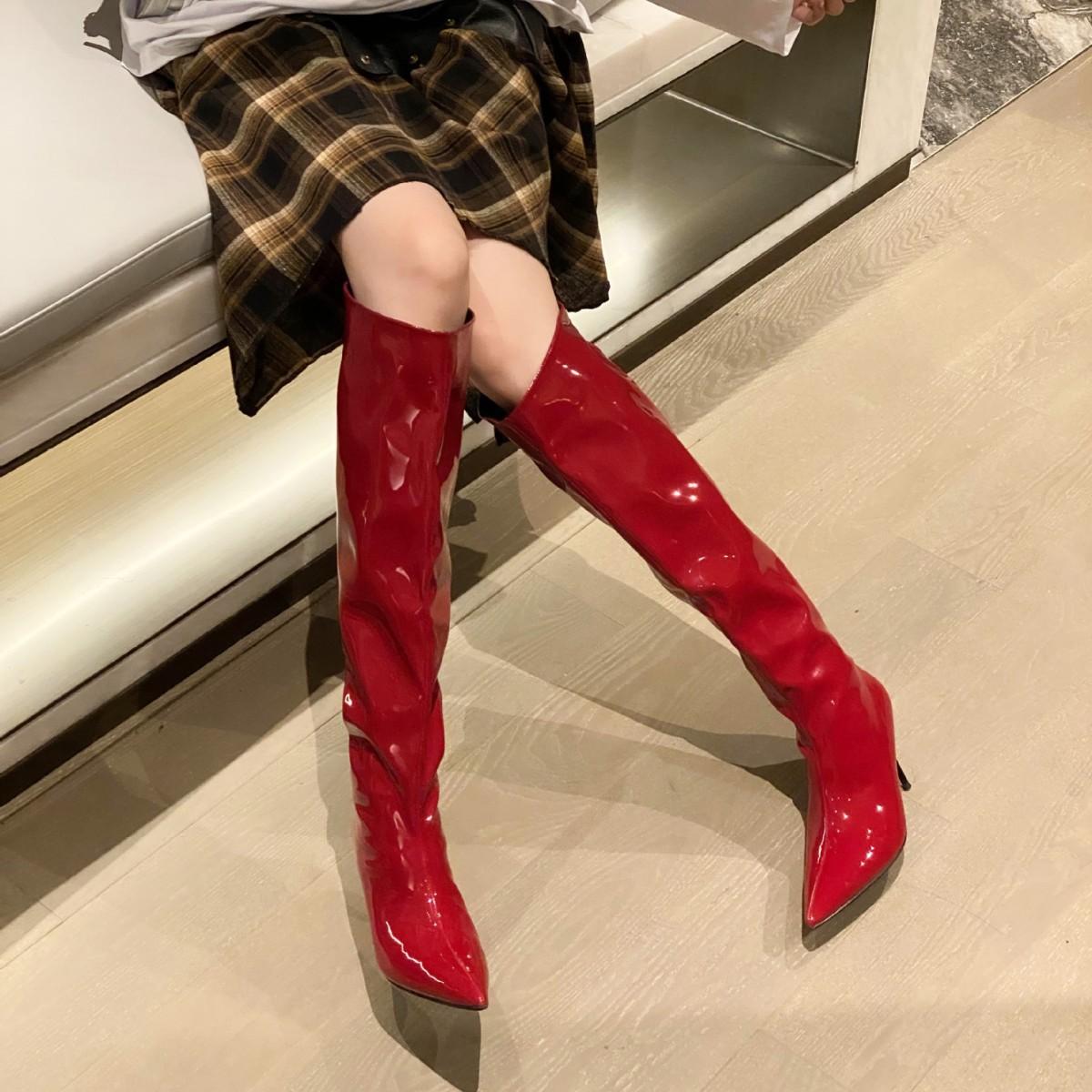 

European and American pointed-toed thin-heeled boots for women in the autumn and winter of 2025, new nightclubs, niche patent leather glossy high boo 35