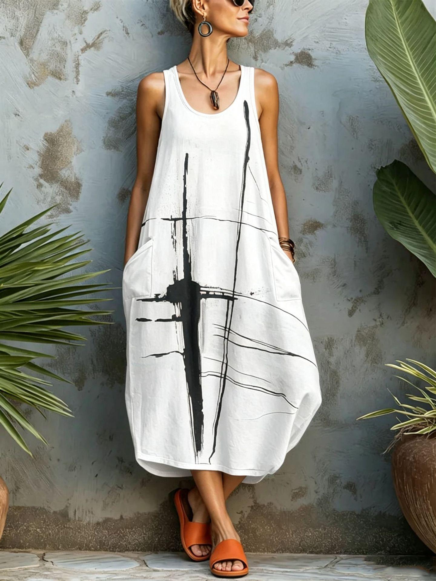 European and American summer new loose sleeveless pocket casual vest dress S