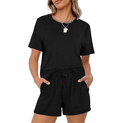 Dames Casual Effen Kleur Korte Mouw Elastische Knoopzak Shorts Set