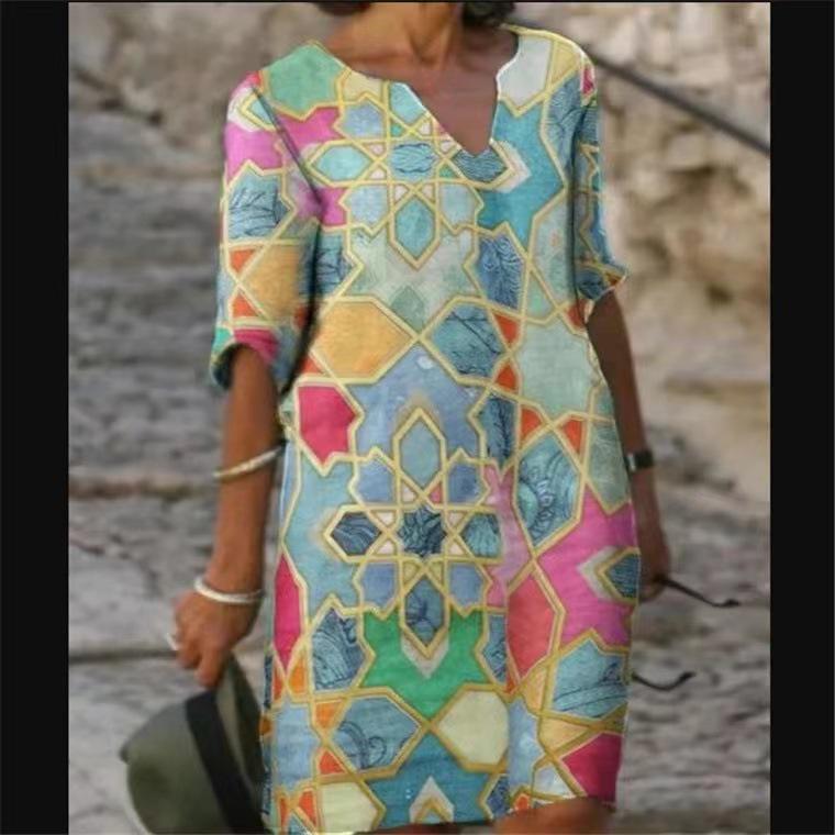 2025 Spring Vintage V-neck Retro Print Midi Dress for Women