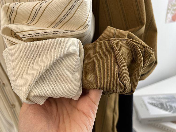 Damen Herbst Retro Kaffee Cord Pinstripe Kragen Langarm Lagenhemd