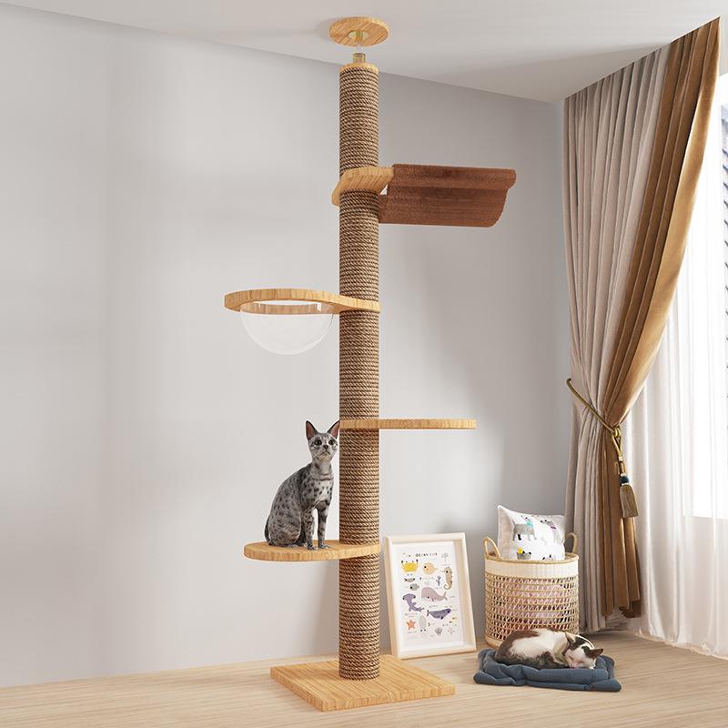 Boden-bis-Decke Katzenkratzbaum mit Raumkapsel & Kratzstamm, Massivholz, Vier Etagen, Katzenkletterspielzeug