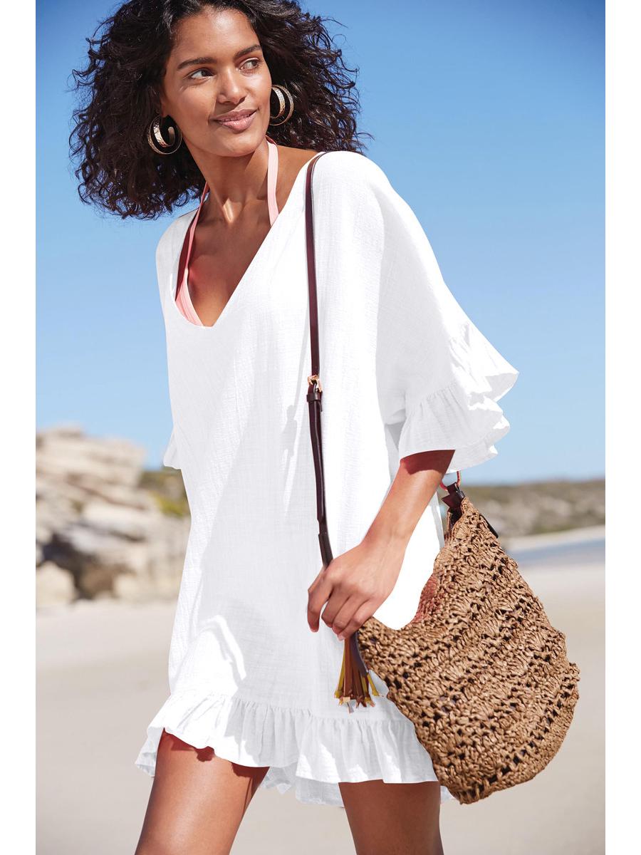 

Bamboo Cotton Ruffle Beach Cover-up Dress with Sun Protection One Size білий