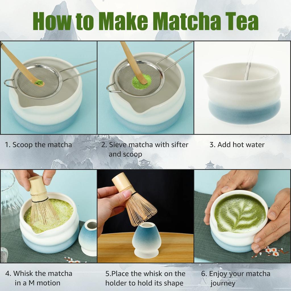 7 Pcs Matcha Whisk Set for Beginners Elegant Bamboo Japanese Matcha Tea Making Kit with Whisk Holder Scoop Sifter for Tea Lovers