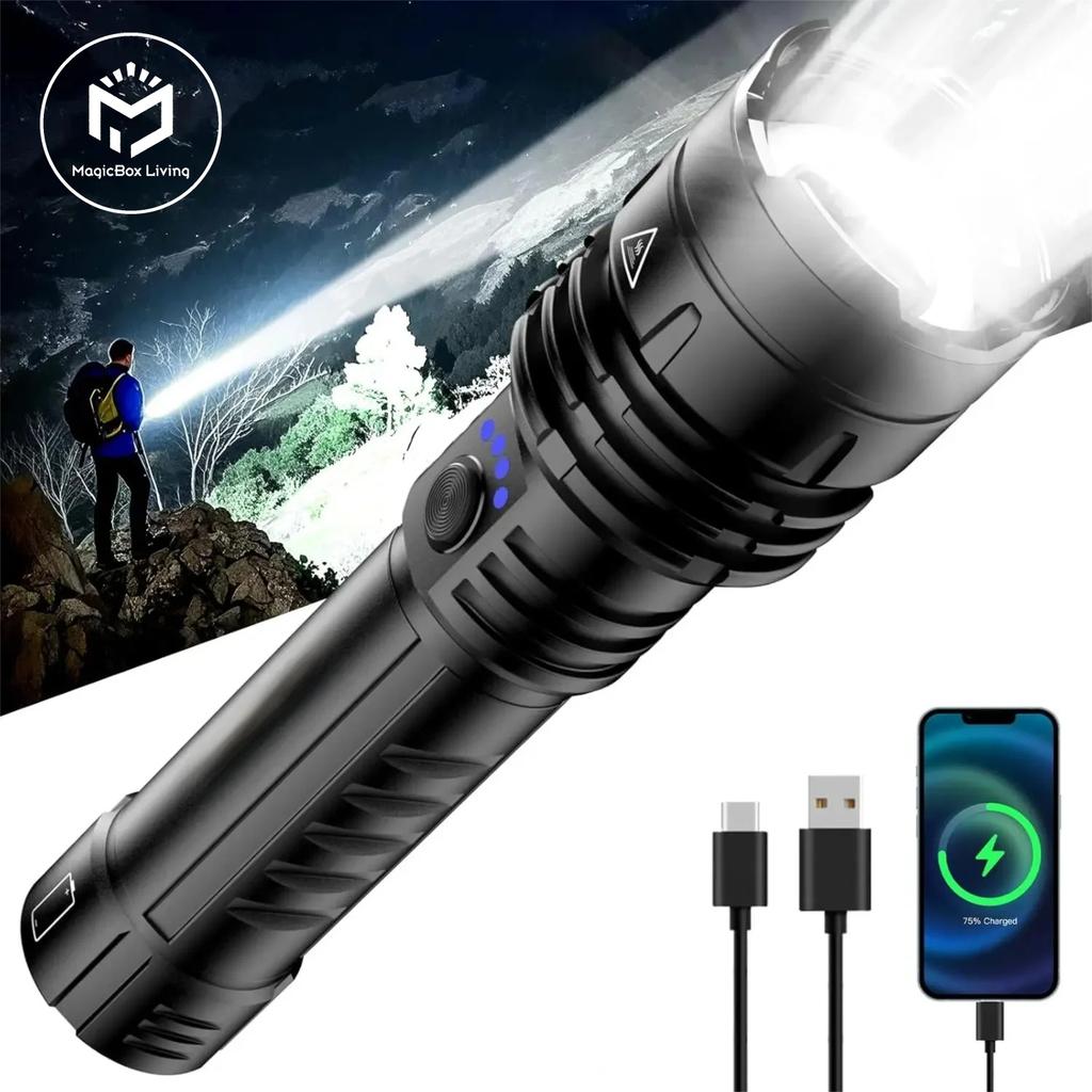 High Power USB Rechargeable Flashlight Ultra Bright LED Digital Torch Light Camping Outdoor Flash Light Emergency Flashlights