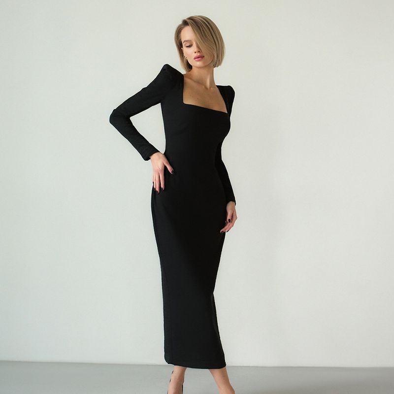 European and American Women's Clothing Square Collar Temperament Long Sleeve Slim-Fit Black Dress