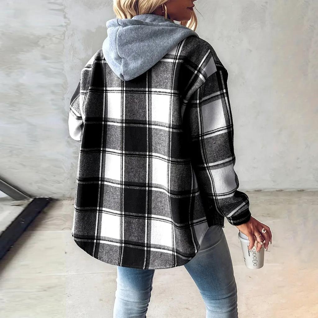 Damen Lässig Und Modisch Großes Karomuster Patchwork Kapuzenjacke mit Knöpfen